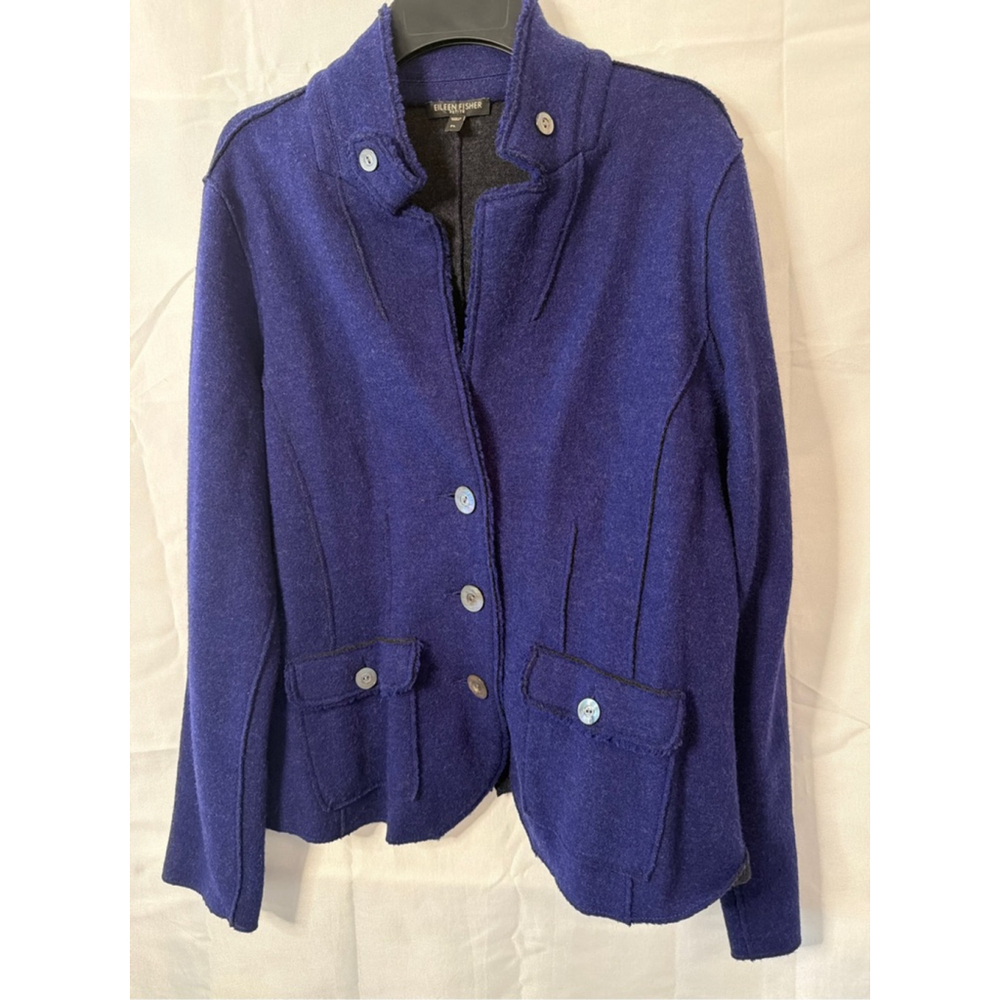 Eileen Fisher Boiled Wool Button Front Raw Jacket Indigo Lagenlook Minimalist PL